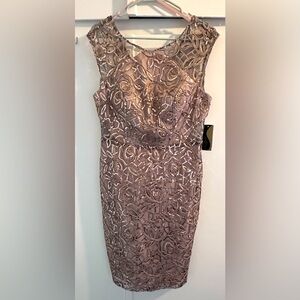 NWT Ignite Evenings Elegant champagne lace sheath dress